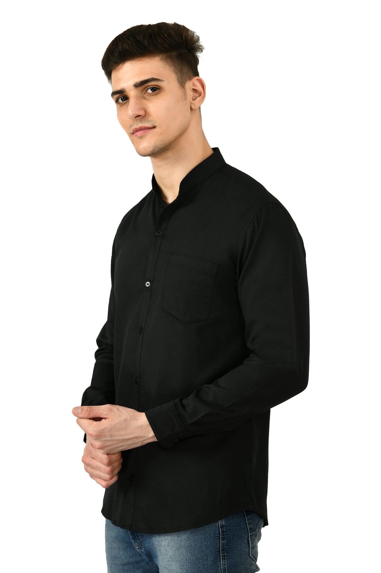 Full Sleeve Cotton Chinese Collar Men's Shirt - Black