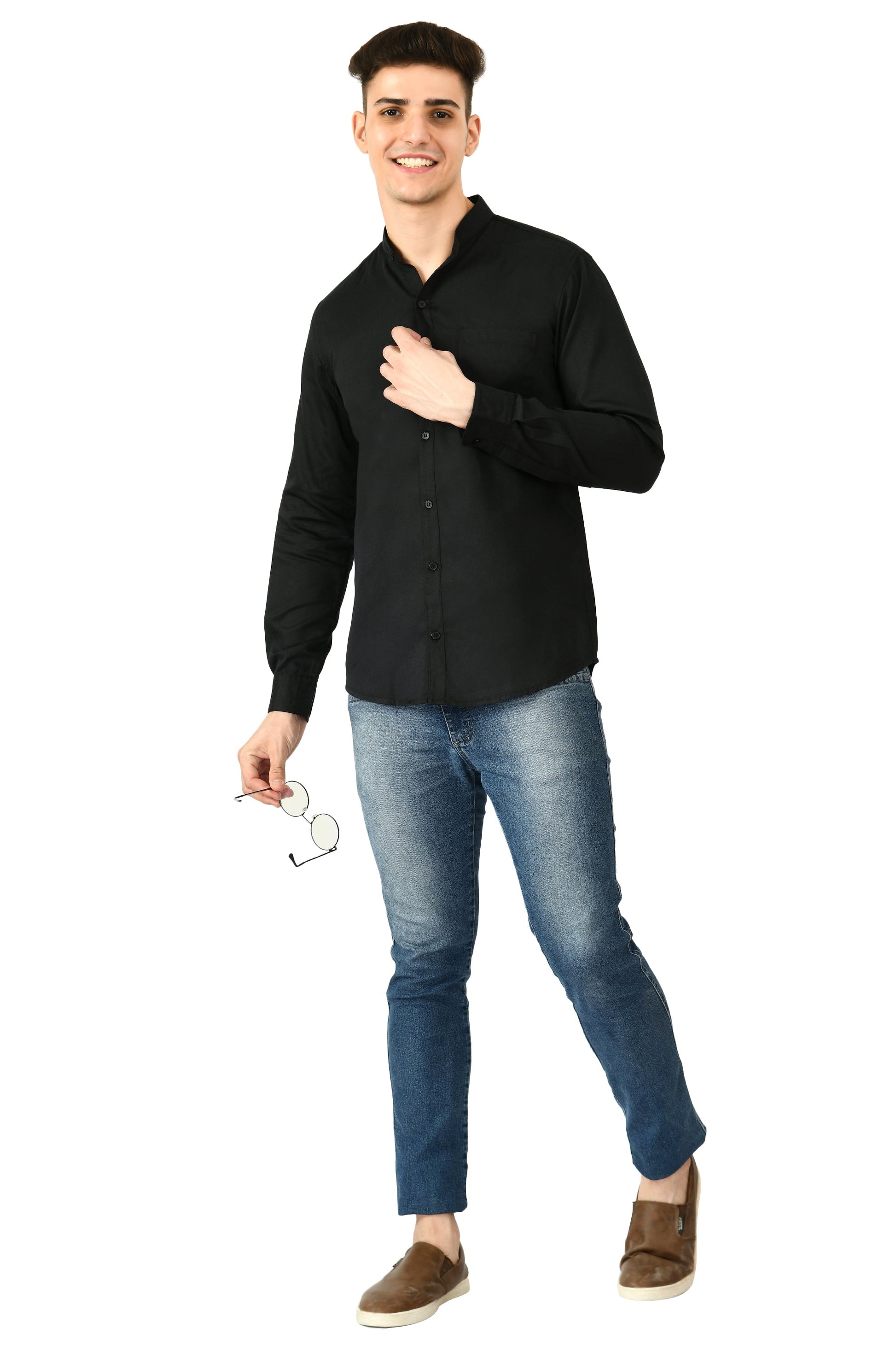Full Sleeve Cotton Chinese Collar Men's Shirt - Black