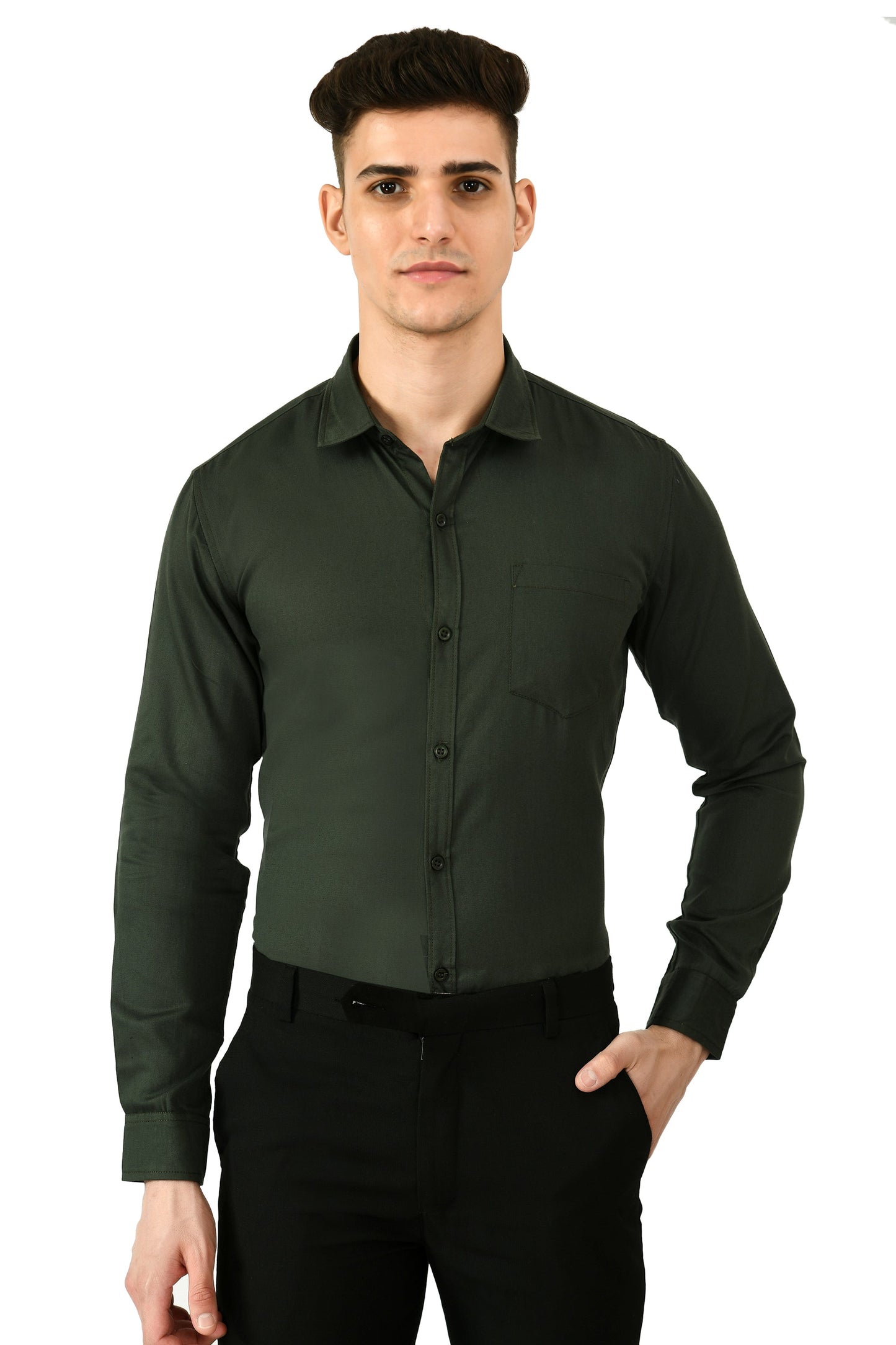 Full Sleeve Cotton Spread Collar Men's Shirt - Dark Green