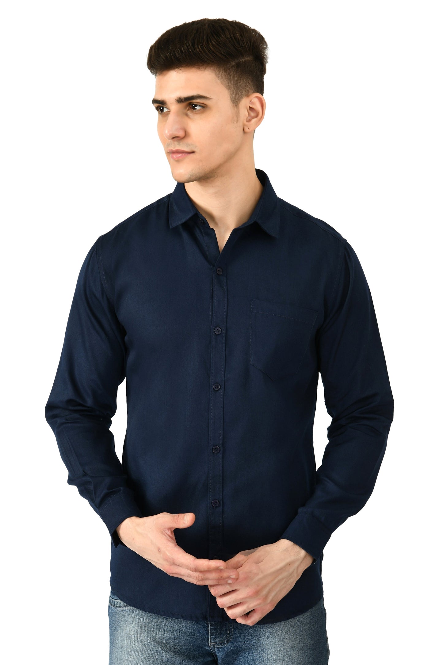 Full Sleeve Cotton Spread Collar Men's Shirt - Navy Blue