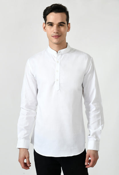 Full Sleeve Cotton Spread Collar Short Kurta for Men - White