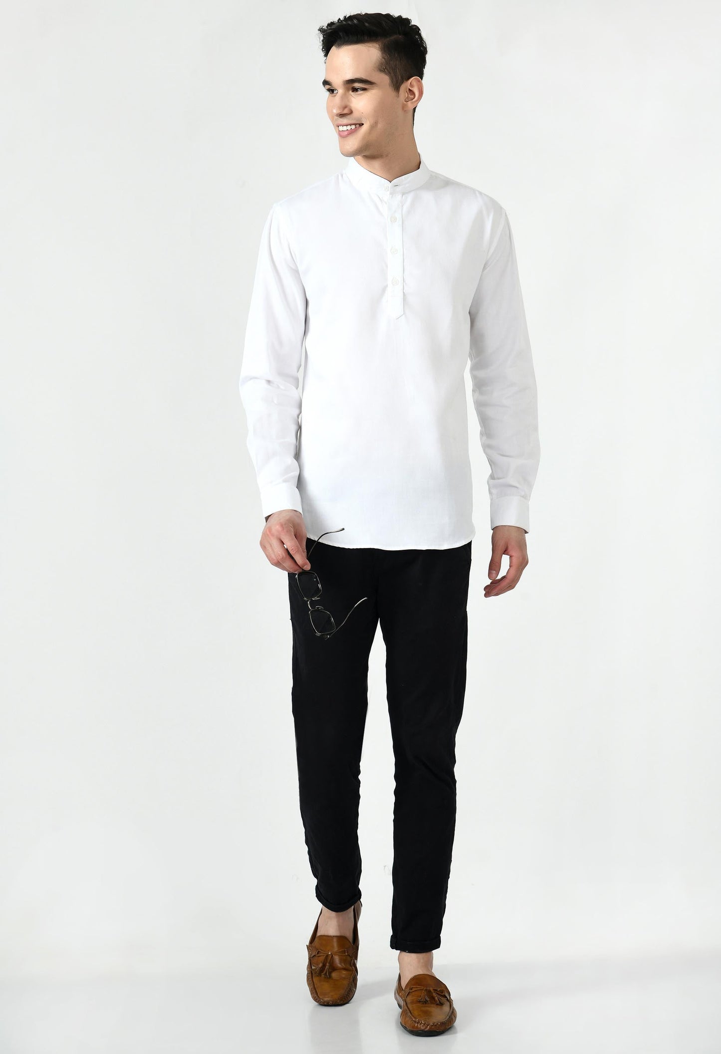 Full Sleeve Cotton Spread Collar Short Kurta for Men - White