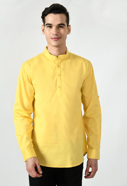Full Sleeve Cotton Spread Collar Short Kurta for Men - Yellow