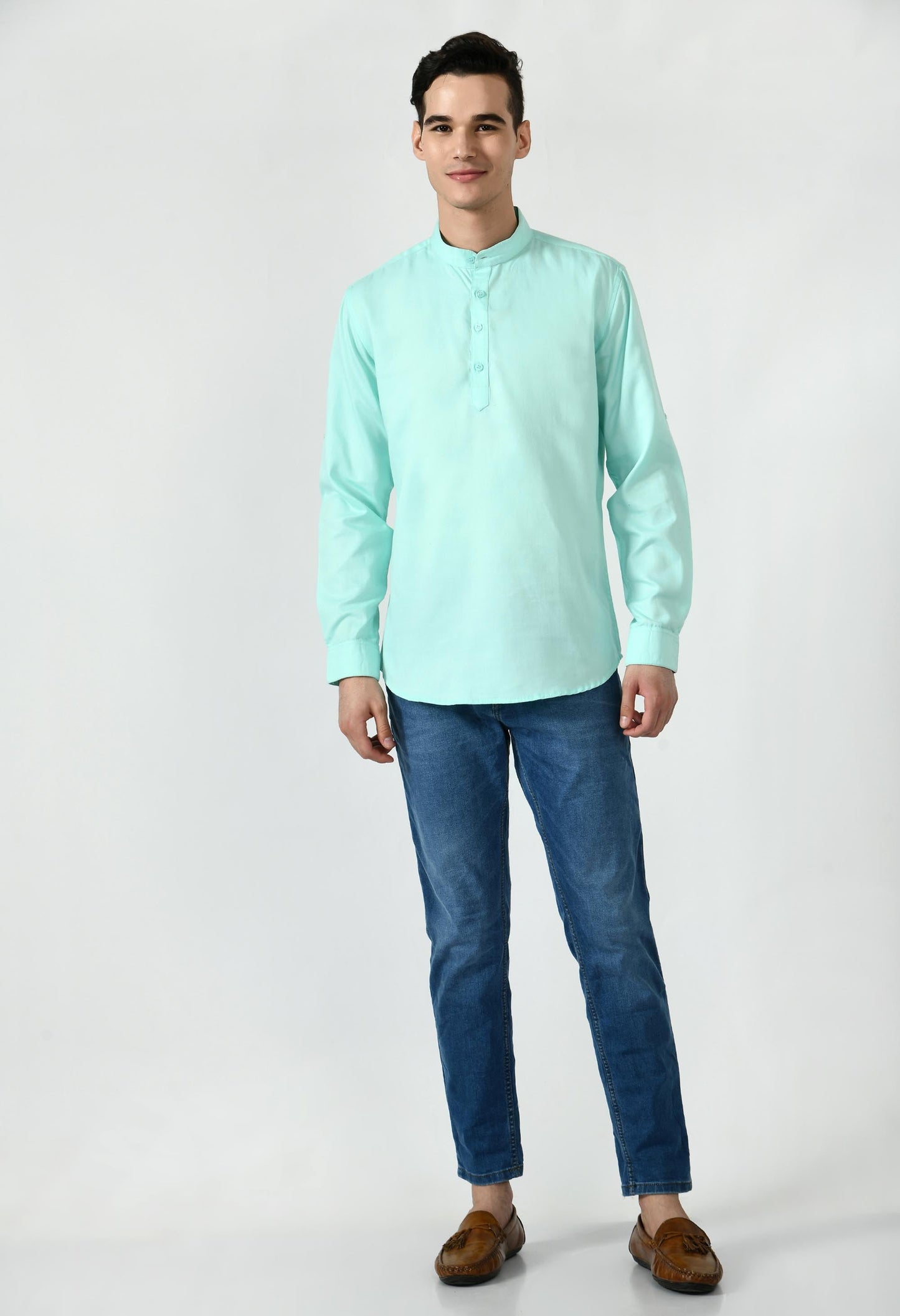 Full Sleeve Cotton Spread Collar Short Kurta for Men - Aqua Blue