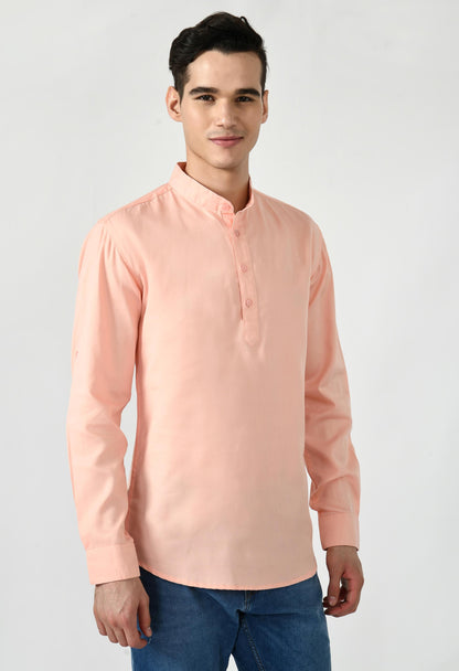Full Sleeve Cotton Spread Collar Short Kurta for Men - Peach