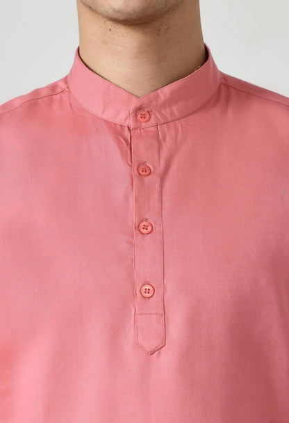 Full Sleeve Cotton Spread Collar Short Kurta for Men - Dark Peach