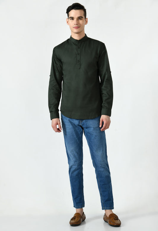 Full Sleeve Cotton Spread Collar Short Kurta for Men - Dark Green