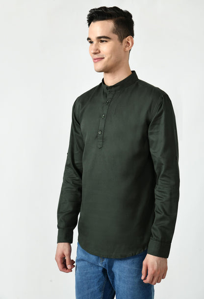 Full Sleeve Cotton Spread Collar Short Kurta for Men - Dark Green