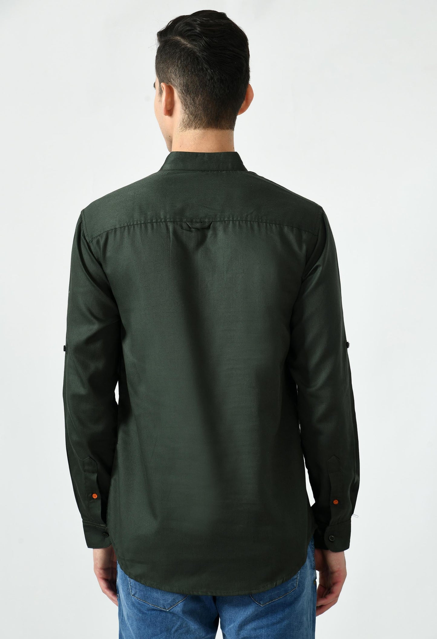 Full Sleeve Cotton Spread Collar Short Kurta for Men - Dark Green