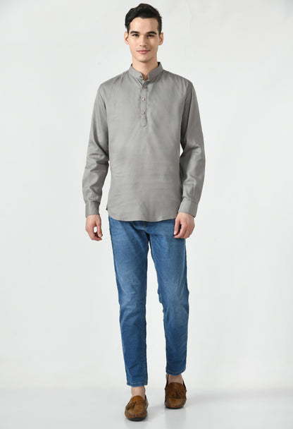 Full Sleeve Cotton Spread Collar Short Kurta for Men - Castlerock Gray
