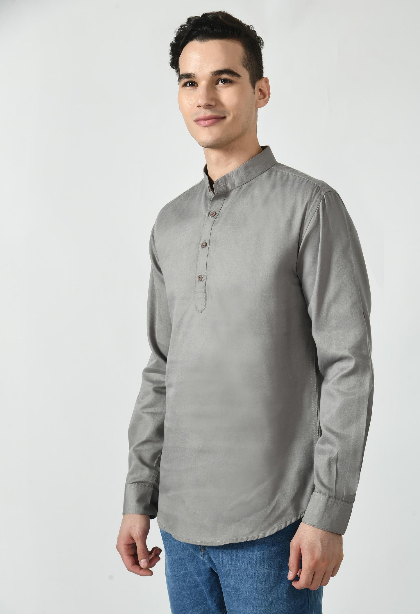 Full Sleeve Cotton Spread Collar Short Kurta for Men - Castlerock Gray