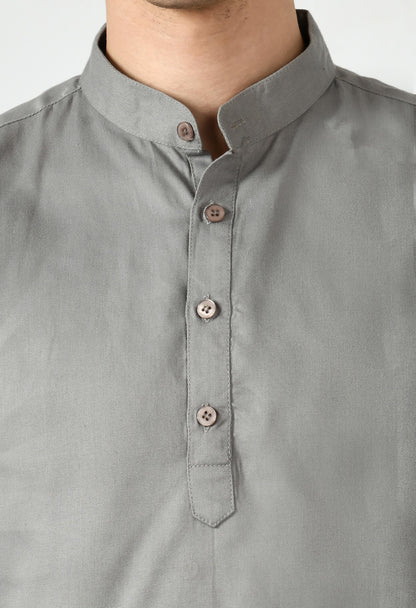 Full Sleeve Cotton Spread Collar Short Kurta for Men - Castlerock Gray