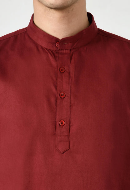 Full Sleeve Cotton Spread Collar Short Kurta for Men - Rust Red