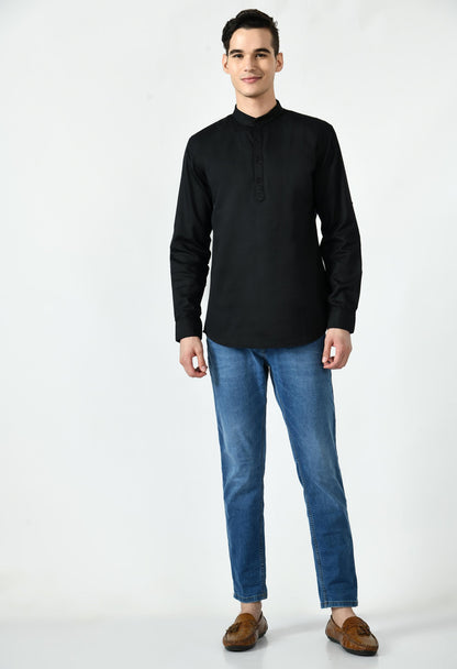 Full Sleeve Cotton Spread Collar Short Kurta for Men - Black