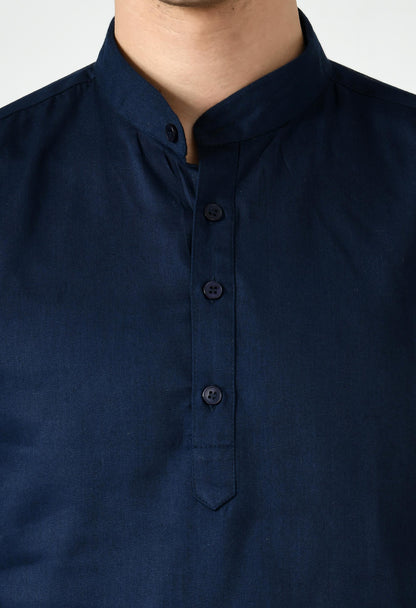 Full Sleeve Cotton Spread Collar Short Kurta for Men - Navy Blue