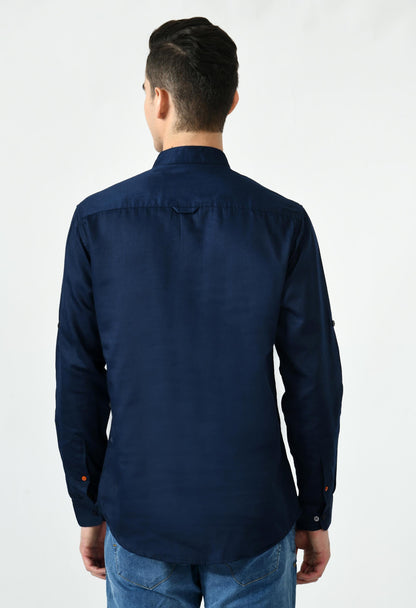 Full Sleeve Cotton Spread Collar Short Kurta for Men - Navy Blue