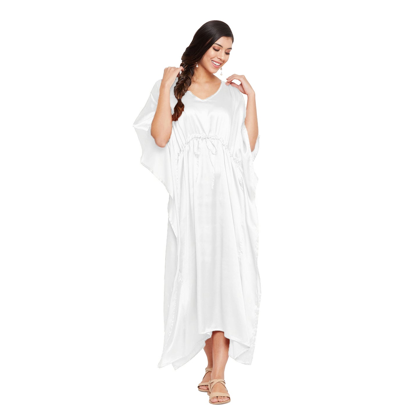 Women's White Nighty Satin Kaftan Tunic Set