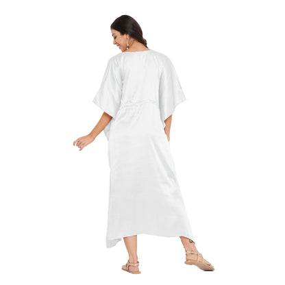 Women's White Nighty Satin Kaftan Tunic Set