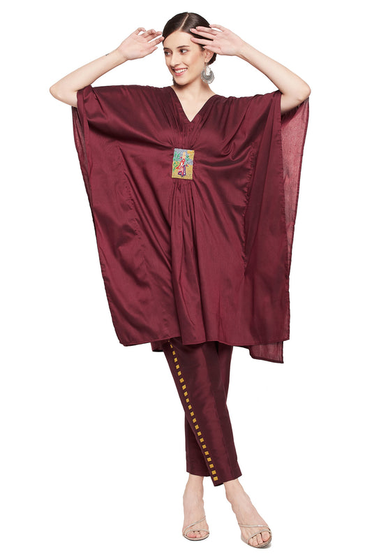 Women's Wine V-Neck Tunic Top with Pants Set