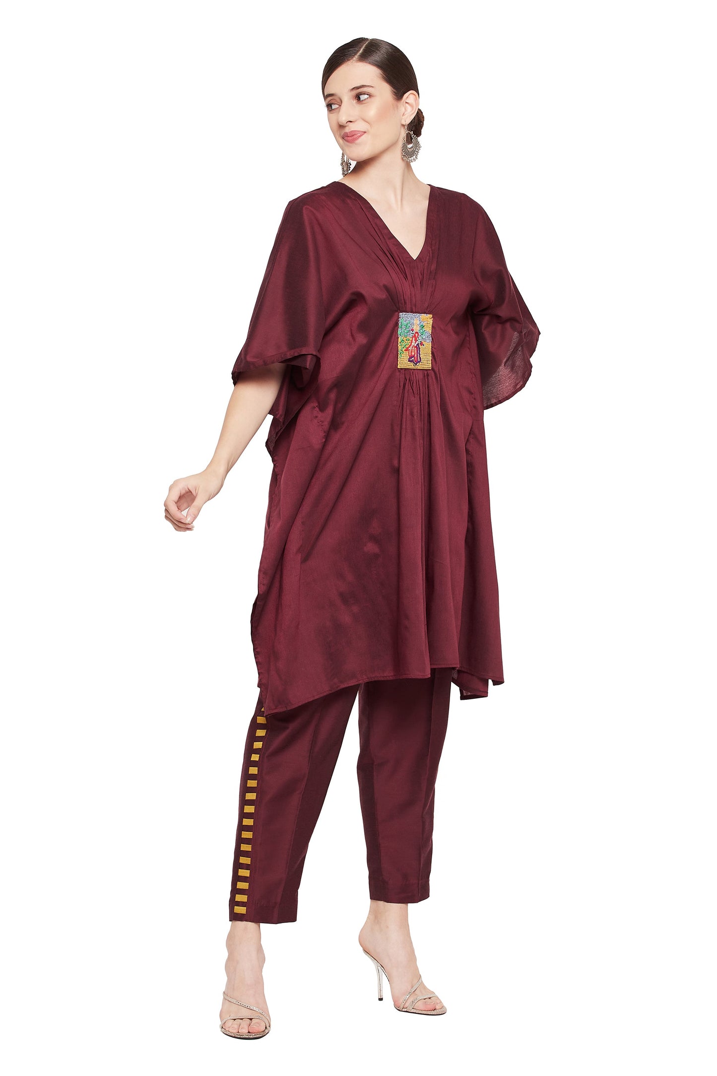 Women's Wine V-Neck Tunic Top with Pants Set