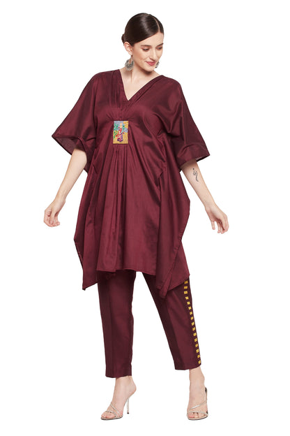 Women's Wine V-Neck Tunic Top with Pants Set