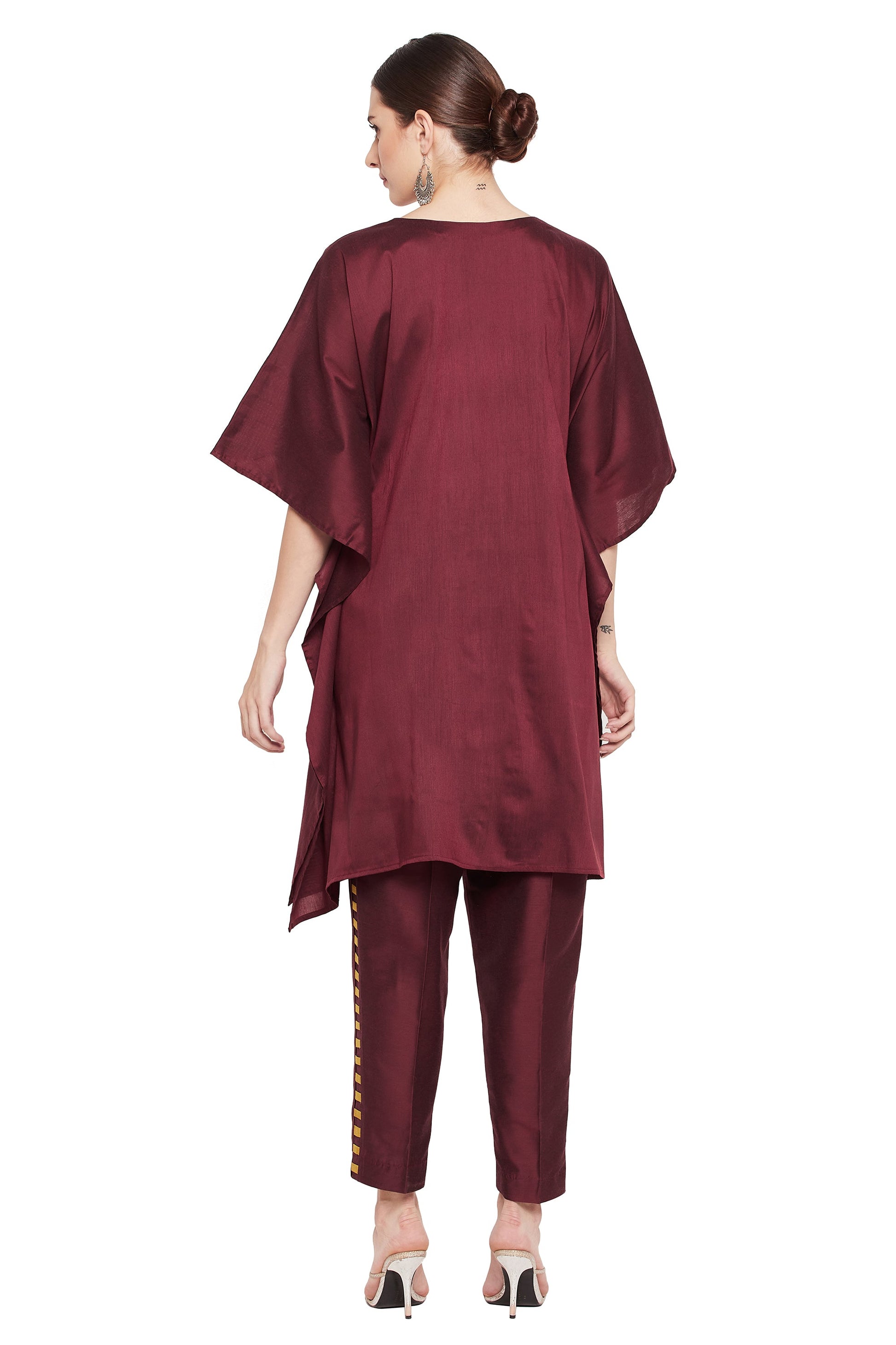 Women's V-Neck Tunic Top with Pants 3/4 Sleeve Wine