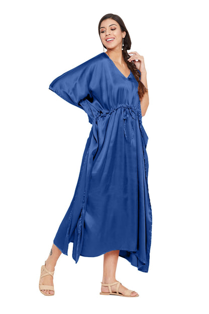 Solid Blue Satin Dress: Fashionable Ethnic Style
