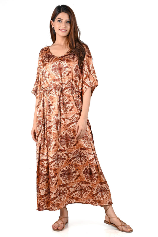 Geometric Print Silky Satin Drawstring Kaftan - Brown