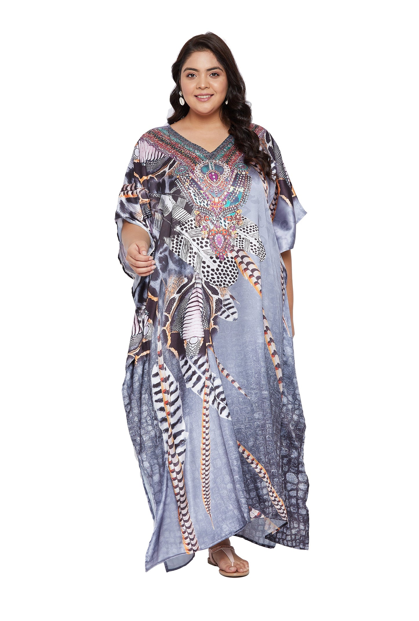 Snake Print Ankle-Length Satin Kaftan - Gray