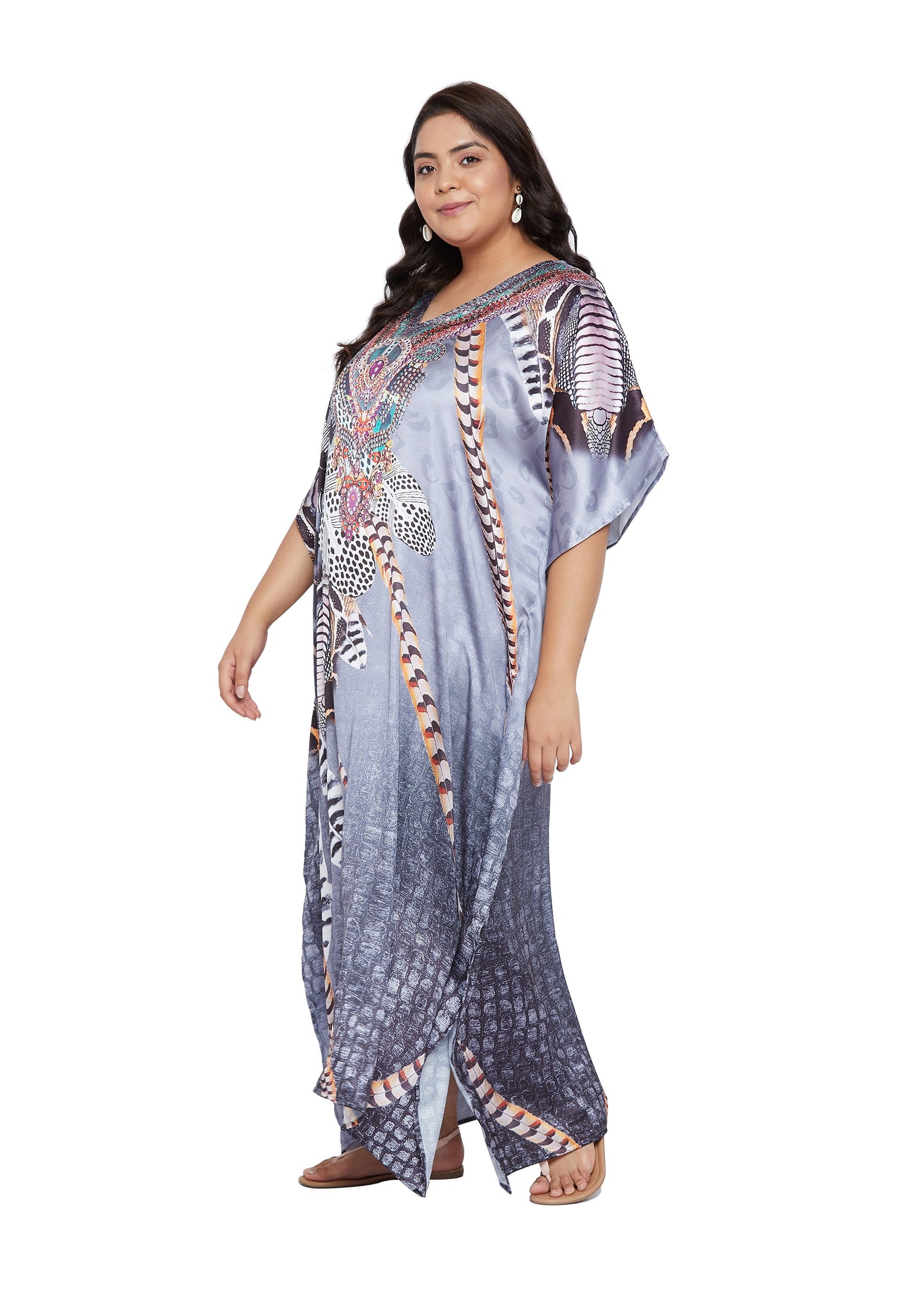 Snake Print Ankle-Length Satin Kaftan - Gray