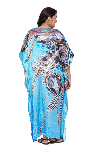 Snake Print Ankle-Length Satin Kaftan - Turquoise