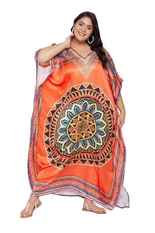 Mandala Print Kimono Maxi Satin Kaftan - Orange