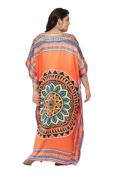 Mandala Print Kimono Maxi Satin Kaftan - Orange