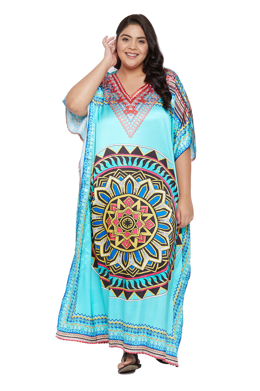 Women's Maxi Mandala Turquoise Long Satin Kaftan