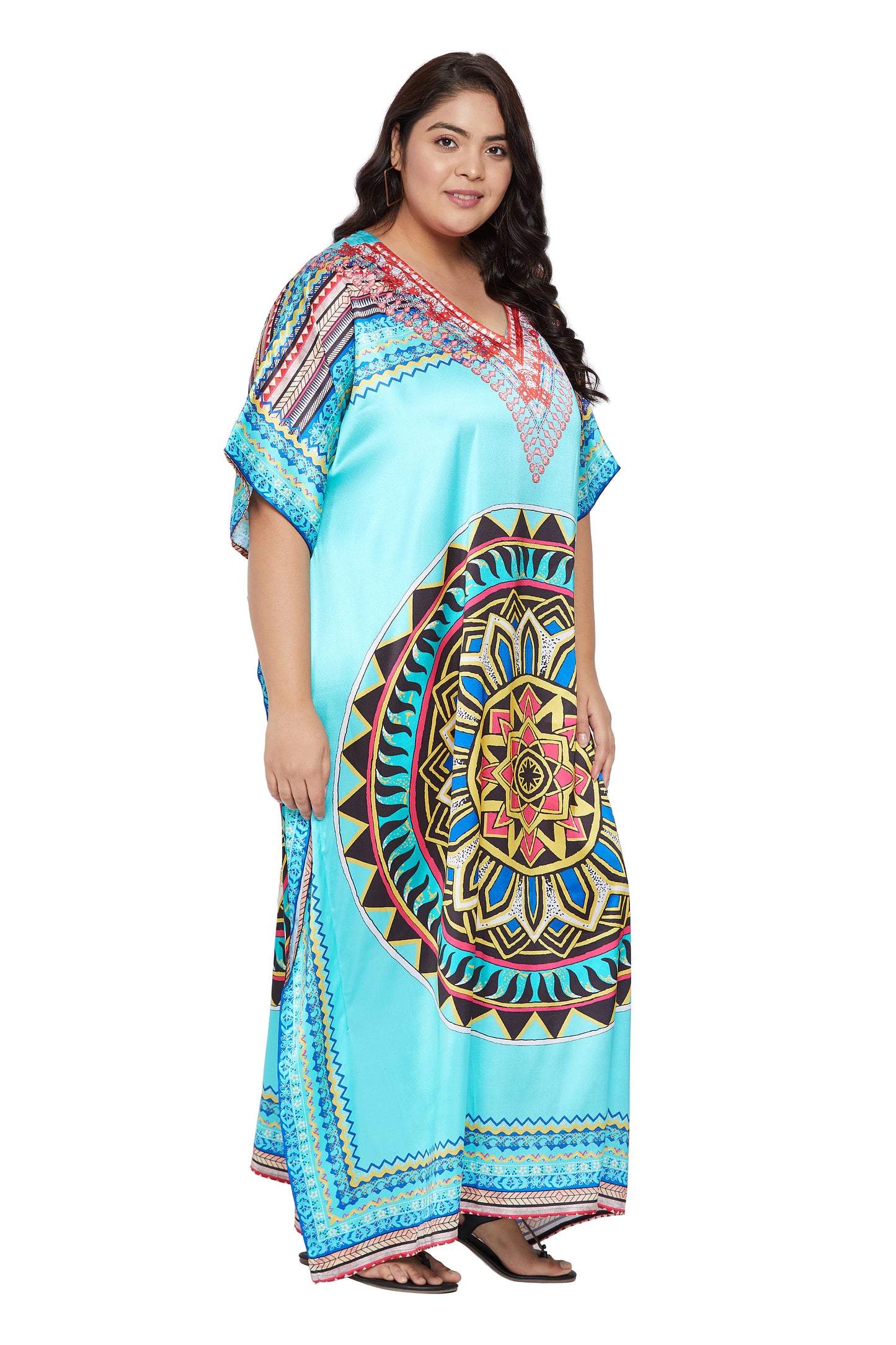Women's Maxi Mandala Turquoise Long Satin Kaftan