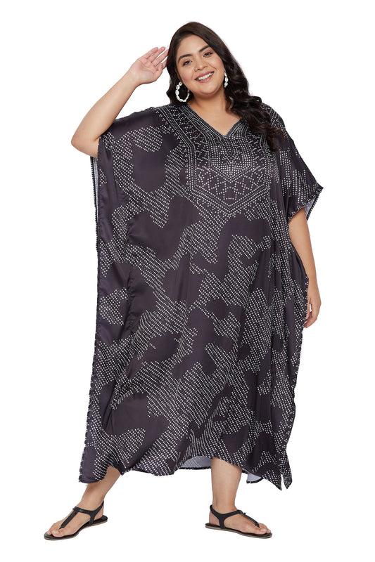 Silky Satin Abstract Print Maxi Kaftan - Black