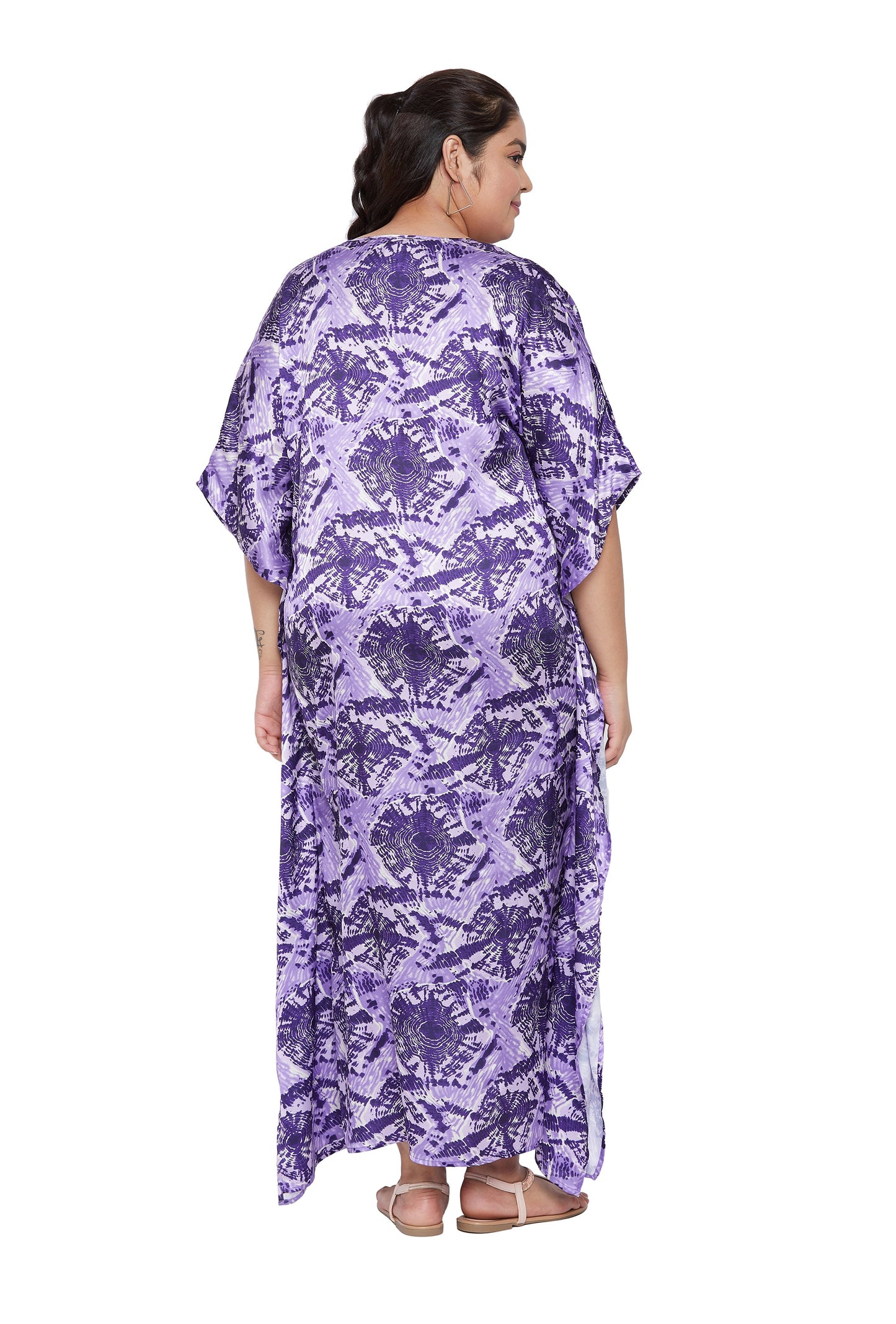Silky Satin Geometric Print Kimono Kaftan - Purple