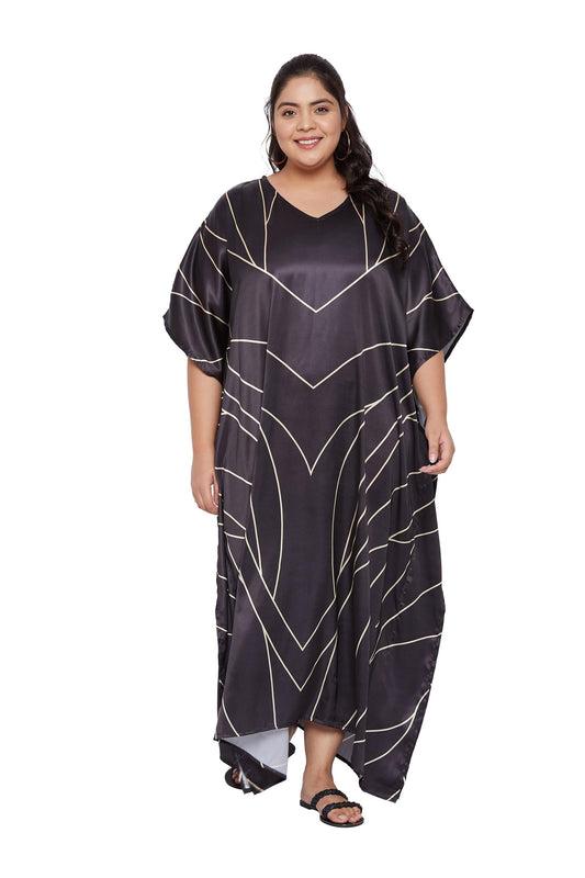 Chevron Print Kimono Satin Kaftan - Black