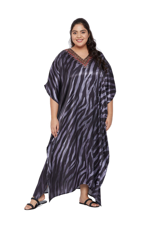 Satin Black Abstract Print Kaftan