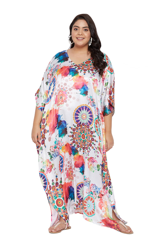 Poly Satin Kaftan White Floral Maxi with Kimono Sleeves