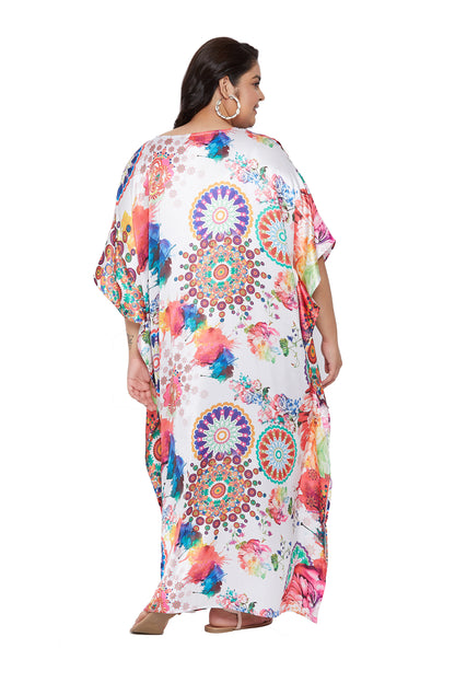 Women's Poly Satin Kaftan White Tie-Dye Maxi with Kimono Sleeves