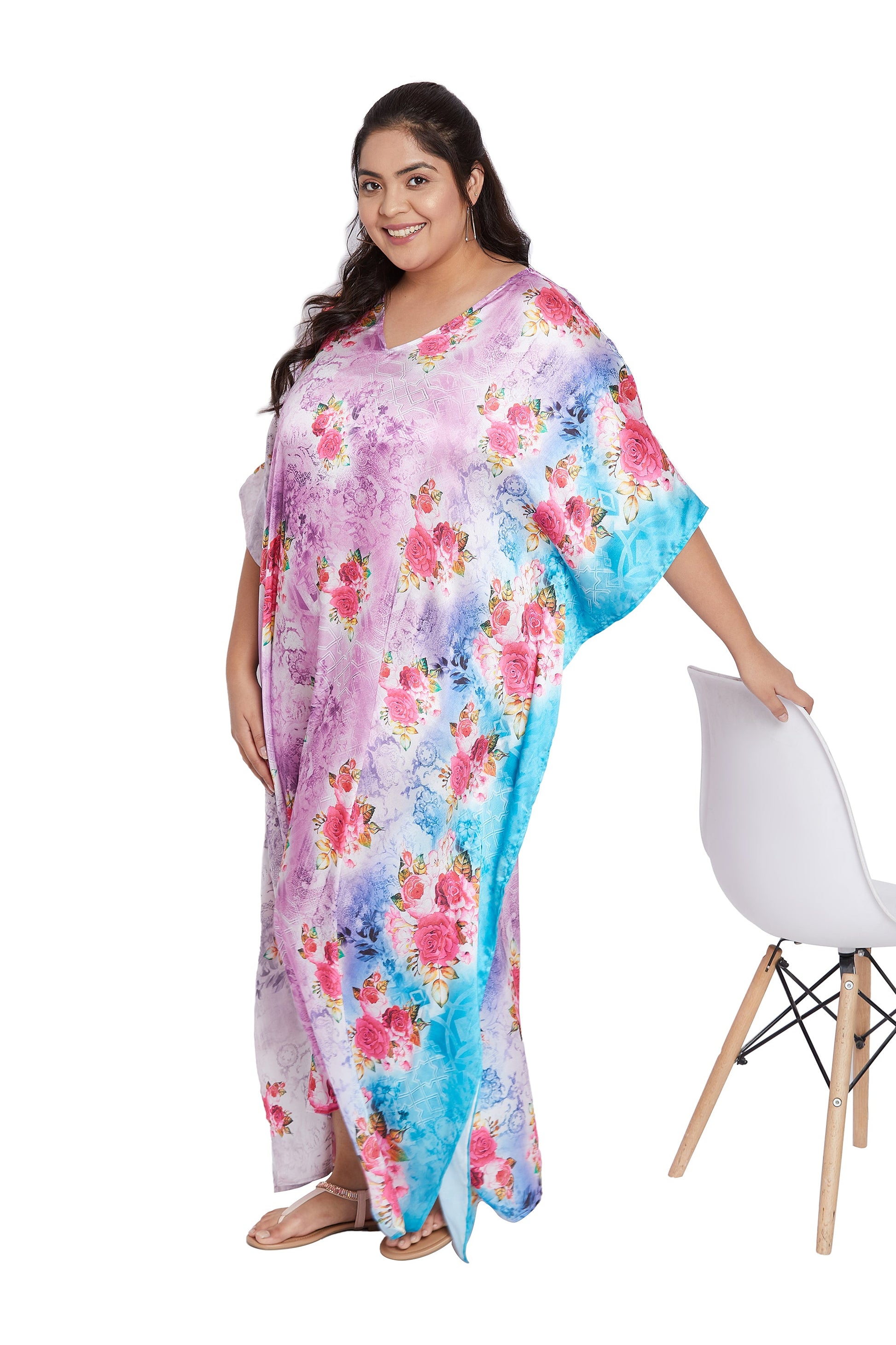 Poly Satin Kaftan Floral Maxi with Kimono Sleeves - Pink