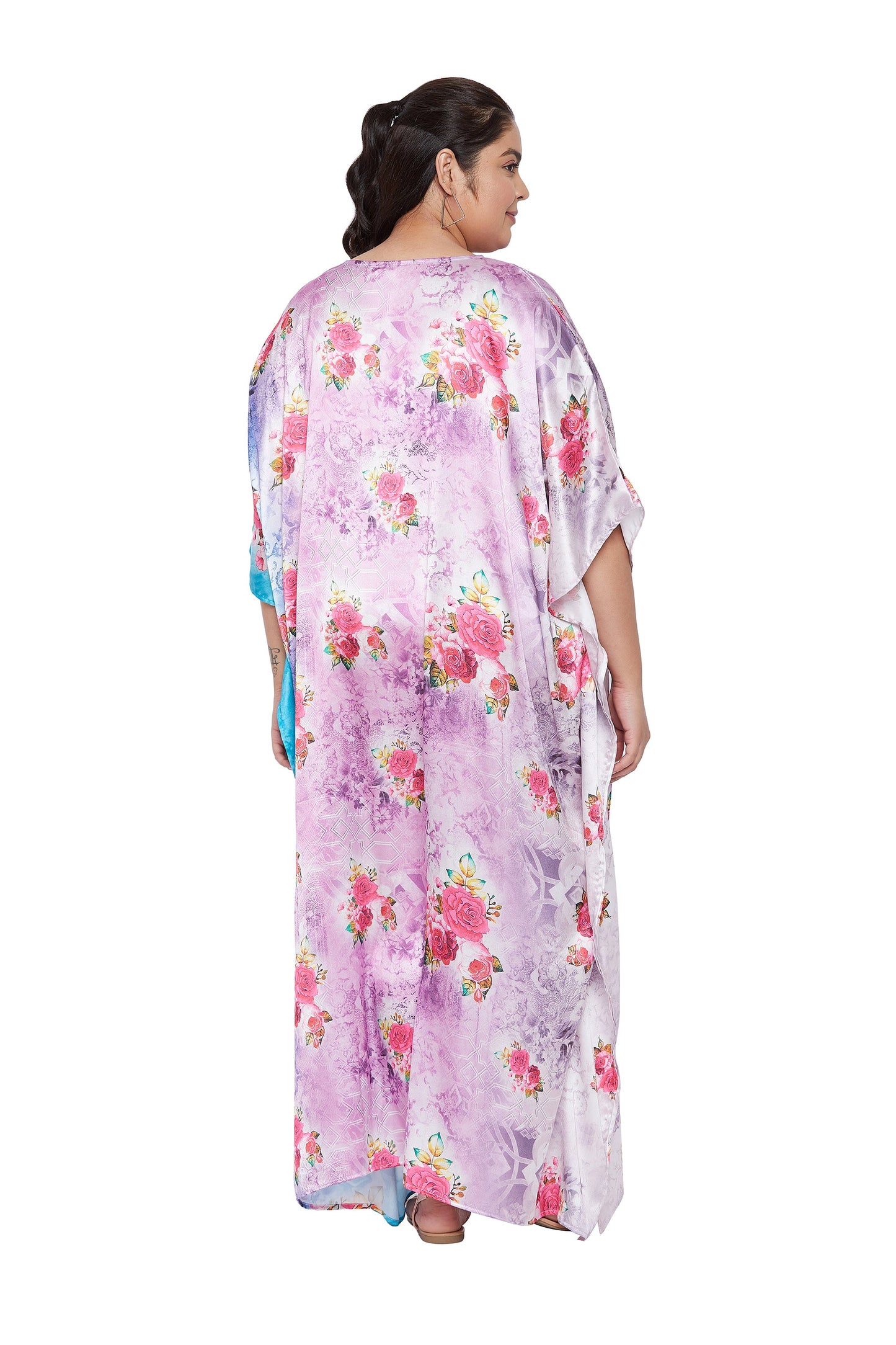 Poly Satin Kaftan Pink Floral Maxi with Kimono Sleeves