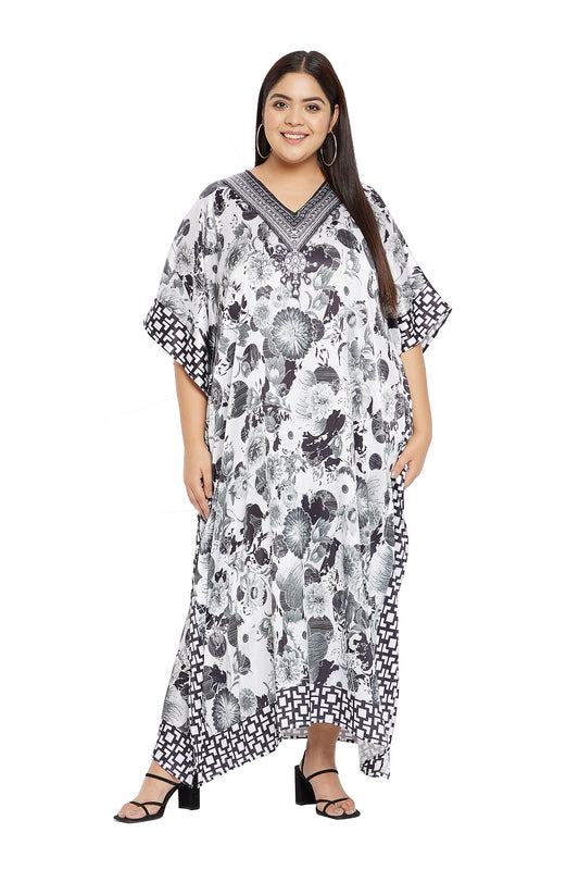 Floral Black & White Satin Kaftan