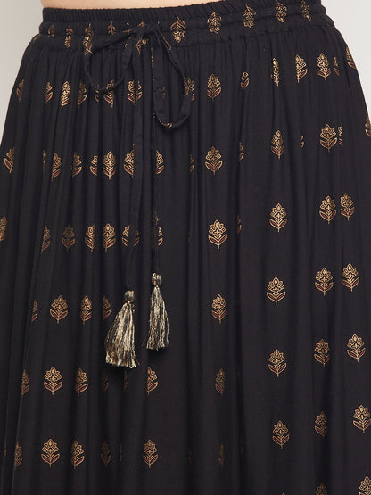 Floral Print Gold Foil Rayon Skirt - Black
