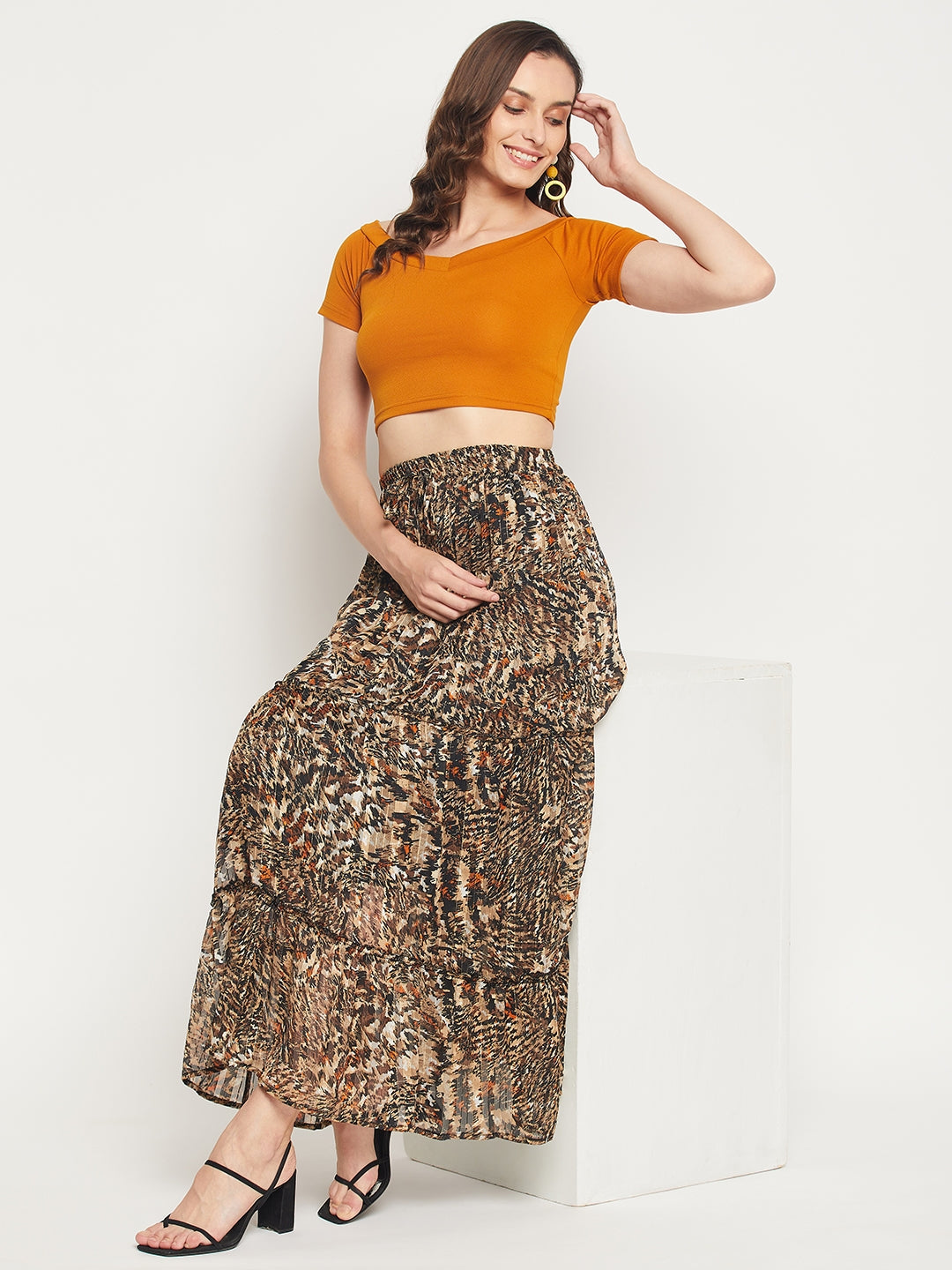Animal Print Gold Lurex Chiffon Skirt - Brown