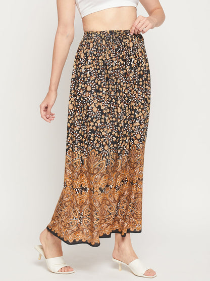 Floral Print Rayon Skirt with Dori - Brown