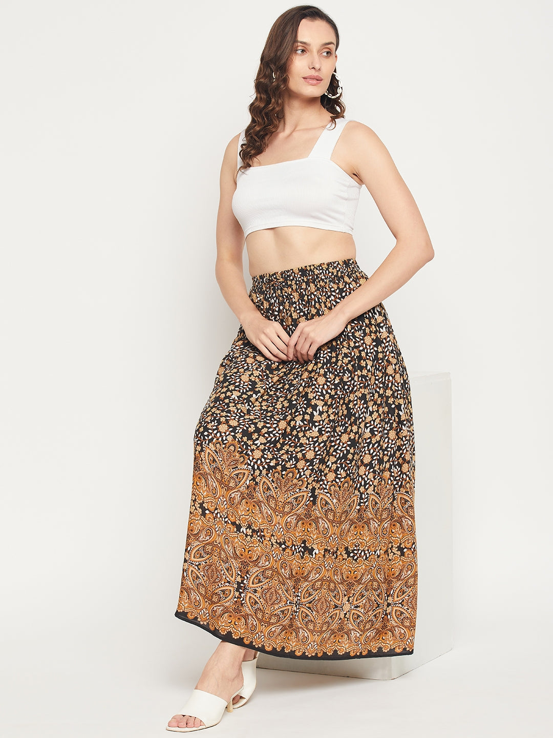 Floral Print Rayon Skirt with Dori - Brown