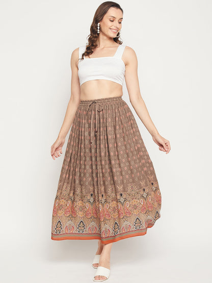 Floral Print Rayon Skirt with Dori - Brown Orange