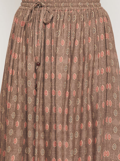 Floral Print Rayon Skirt with Dori - Brown Orange